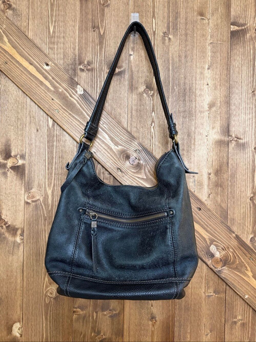 The Sak Black Leather Hobo Shoulder Bag Purse Zip Top Boho Slouchy Handbag (9602
